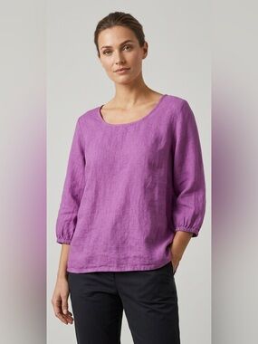 Terzo Millennio made in Italy Purple Linen Blouse Top Size L 3/4 Elastic Sleeve